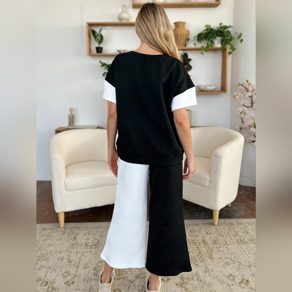 Double Take Full Size Texture Contrast T-Shirt and Wide Leg Pants Set - Picture 9 of 16